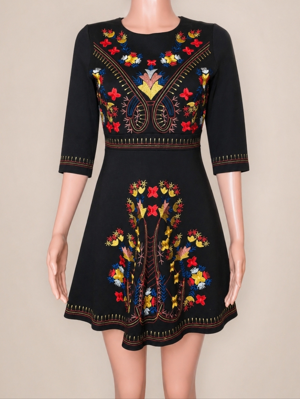 Lai Meng Five Cats Embroidered Fit & Flare Dress Small